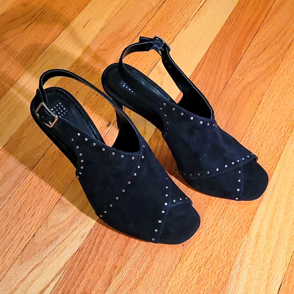 New White House Black Market Black Suede Studded Mid-Heel Sandal